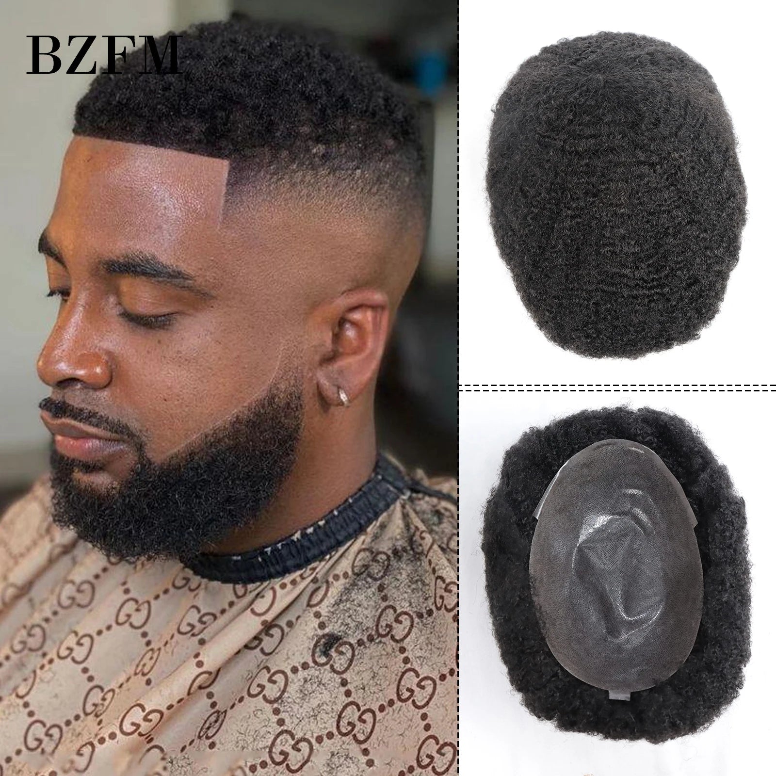 Toupet Homme Afro Curly BZFM – Full PU Base, Cheveux Naturels Remy, Densité 120%, 6/8/10/12mm