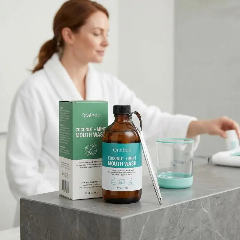 Kit Bain de Bouche Huile de Coco & Menthe ORALHOE + Gratte-Langue – Anti-Tartre, Dents Blanches, Haleine Fraîche