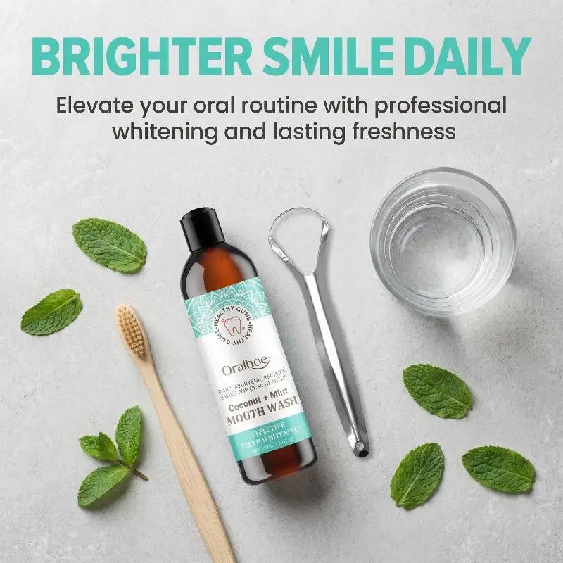 Kit Bain de Bouche Huile de Coco & Menthe ORALHOE + Gratte-Langue – Anti-Tartre, Dents Blanches, Haleine Fraîche