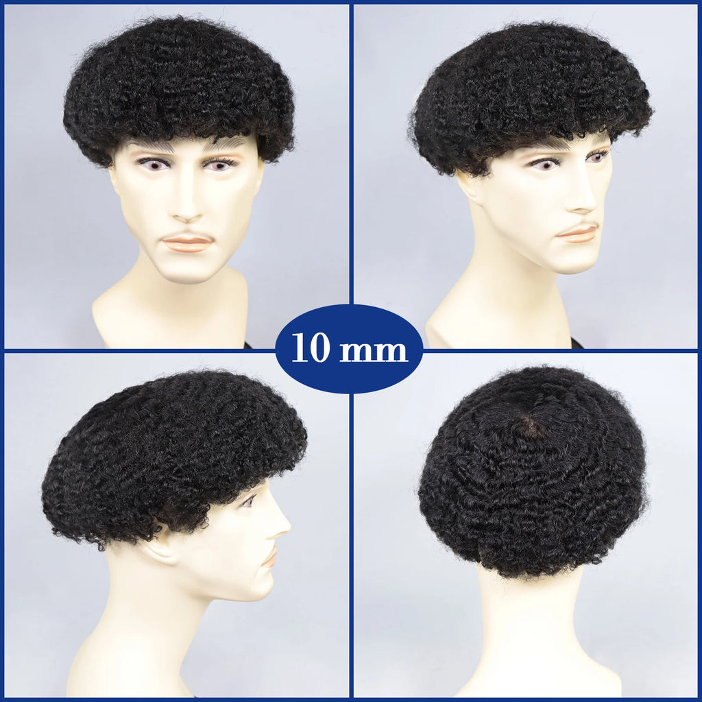 Toupet Homme Afro Curly BZFM – Full PU Base, Cheveux Naturels Remy, Densité 120%, 6/8/10/12mm